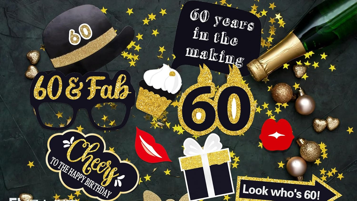 32pcs 60th Birthday Photo Booth Props for Men Women, 60 Birthday Selfie Props Kit, Classic Black Gold Happy 60th Birthday Party Supplies, Cheers to 60 Years Old Bday Decor