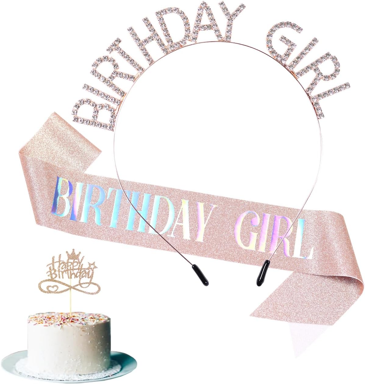 3 Pack Rose Gold Birthday Girl Sash and Rhinstone Headband Set for Women Glittery Cake Topper Happy Birthday Crown&Tiara Accessories Decorations Gifts for Kids.