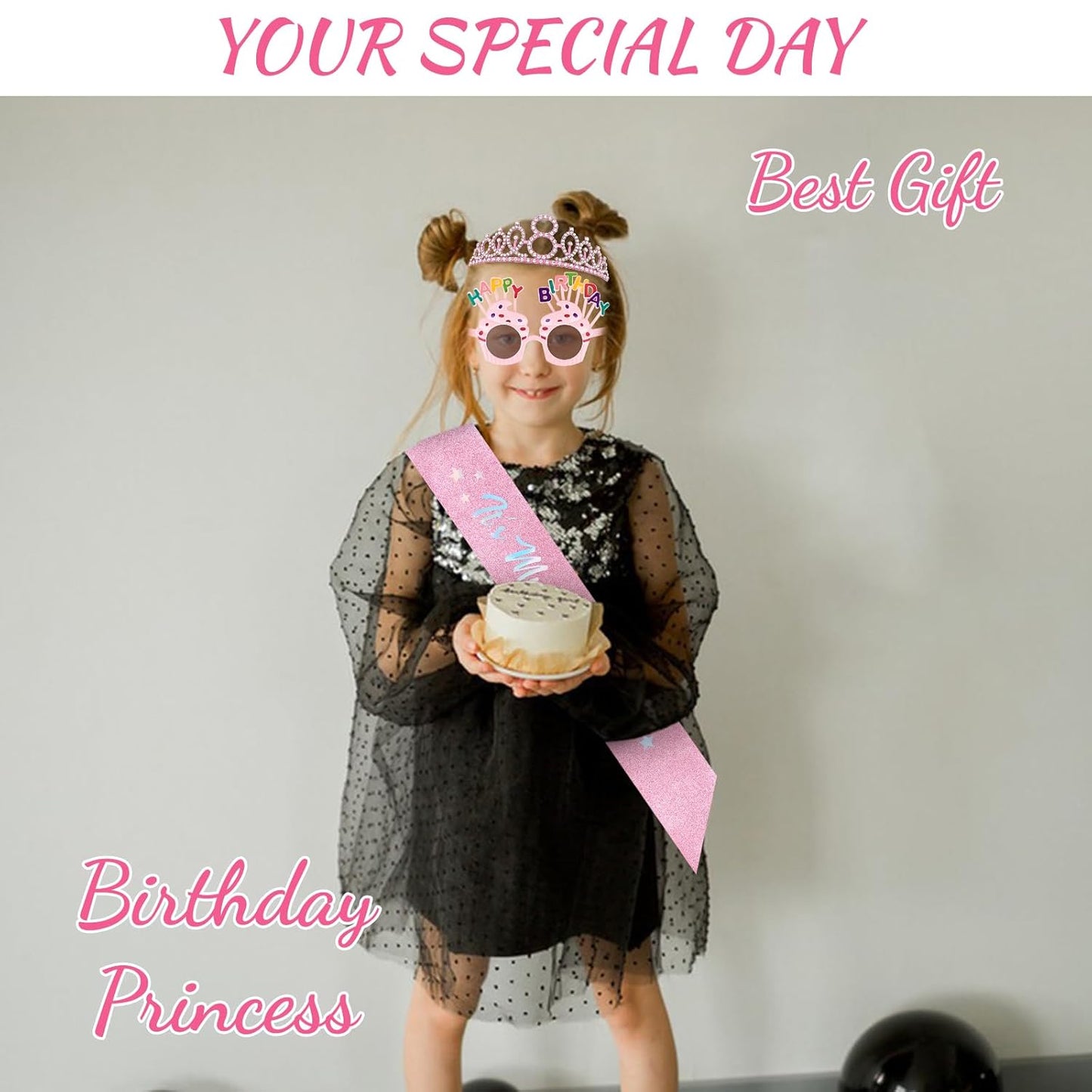 YARIEW 3rd Birthday Decorations, 3rd Glitter Purple Sash and Crown Kit with Happy Birthday Sunglasses, Tiara Princess Crown and Sash Party Outfit Accessory