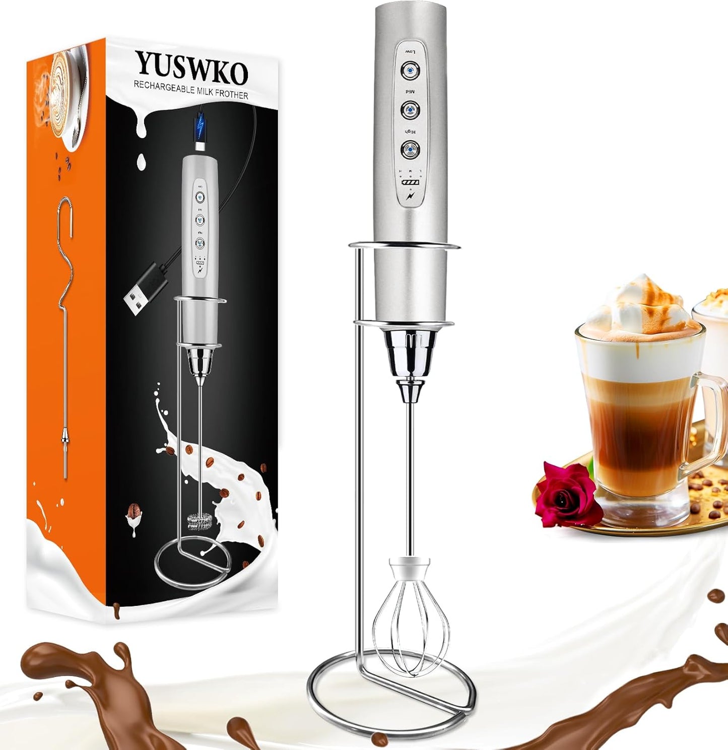YUSWKO Black Handheld Milk Frother Wand for Coffee, Rechargeable Electric Whisk with 3 Heads 3 Speeds Drink Mixer Coffee Frother For Latte, Cappuccino, Hot Chocolate, Egg