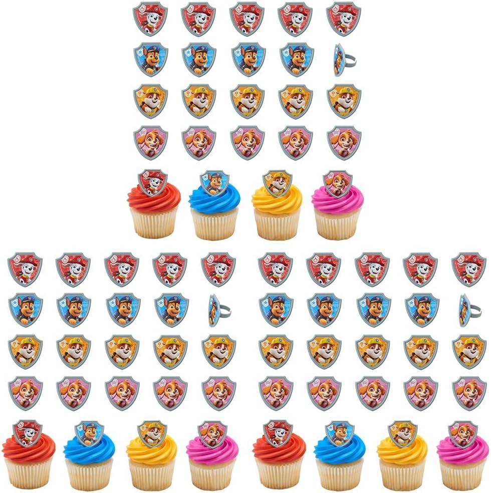 DecoPac Paw Patrol Reporting For Duty Rings, Cupcake Decorations Featuring Chase, Marshall, Skye, And Rubble - 24 Pack