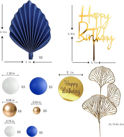 Blue White Gold Balls Cake Toppers Balls Birthday Cake Decorations for Birthday Boho Wedding Baby Shower Party Decoration (Blue White Gold)