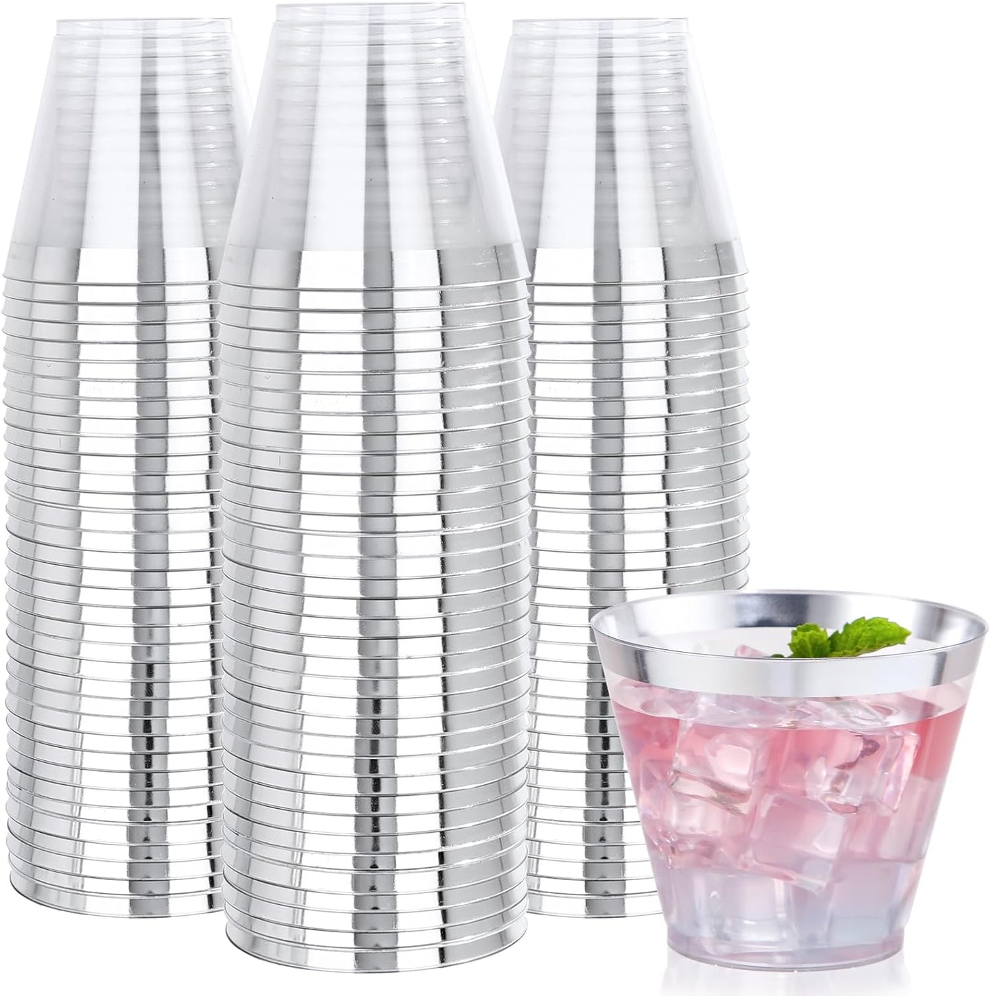 Nervure 120PCS Gold Plastic Cups - 9Oz Gold Rimmed Plastic Cups - Heavy Duty Disposable Clear Cup with Gold Rim Perfect for Weddings, Receptions & Parties