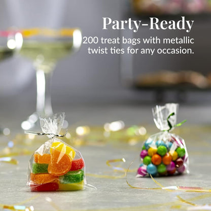 Prestee 200 Pack Clear Cellophane Bags for Favors - Transparent Goodie Bags for Birthday Party, 6x10 Inch Clear Bag with 4-Inch Twist Ties - Candy, Treat, Cookie Bag for Gift Giving