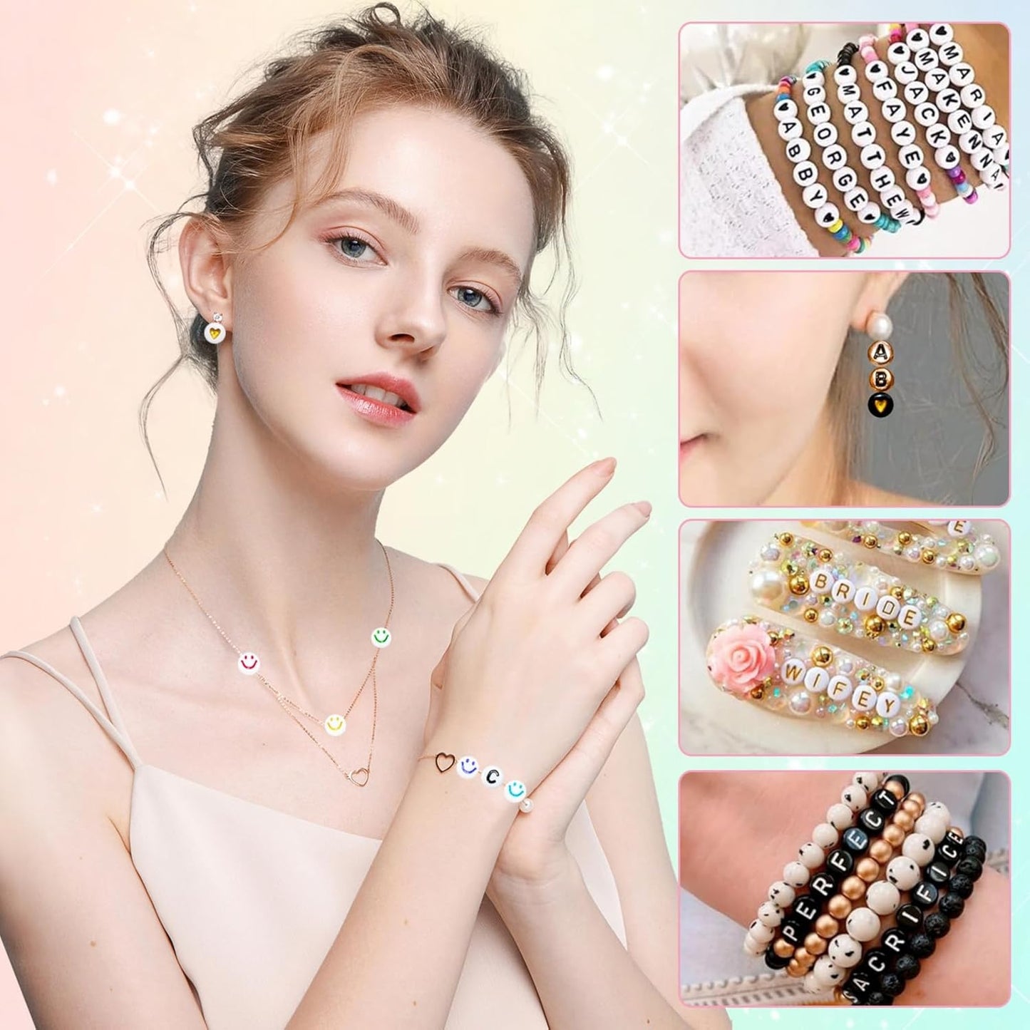 Amaney 1400pcs Glow Letter Beads, Heart Beads Whit Elastic Beading Cord,4x7mm Round Acrylic Alphabet Beads for Friend Bracelet Jewelry Making