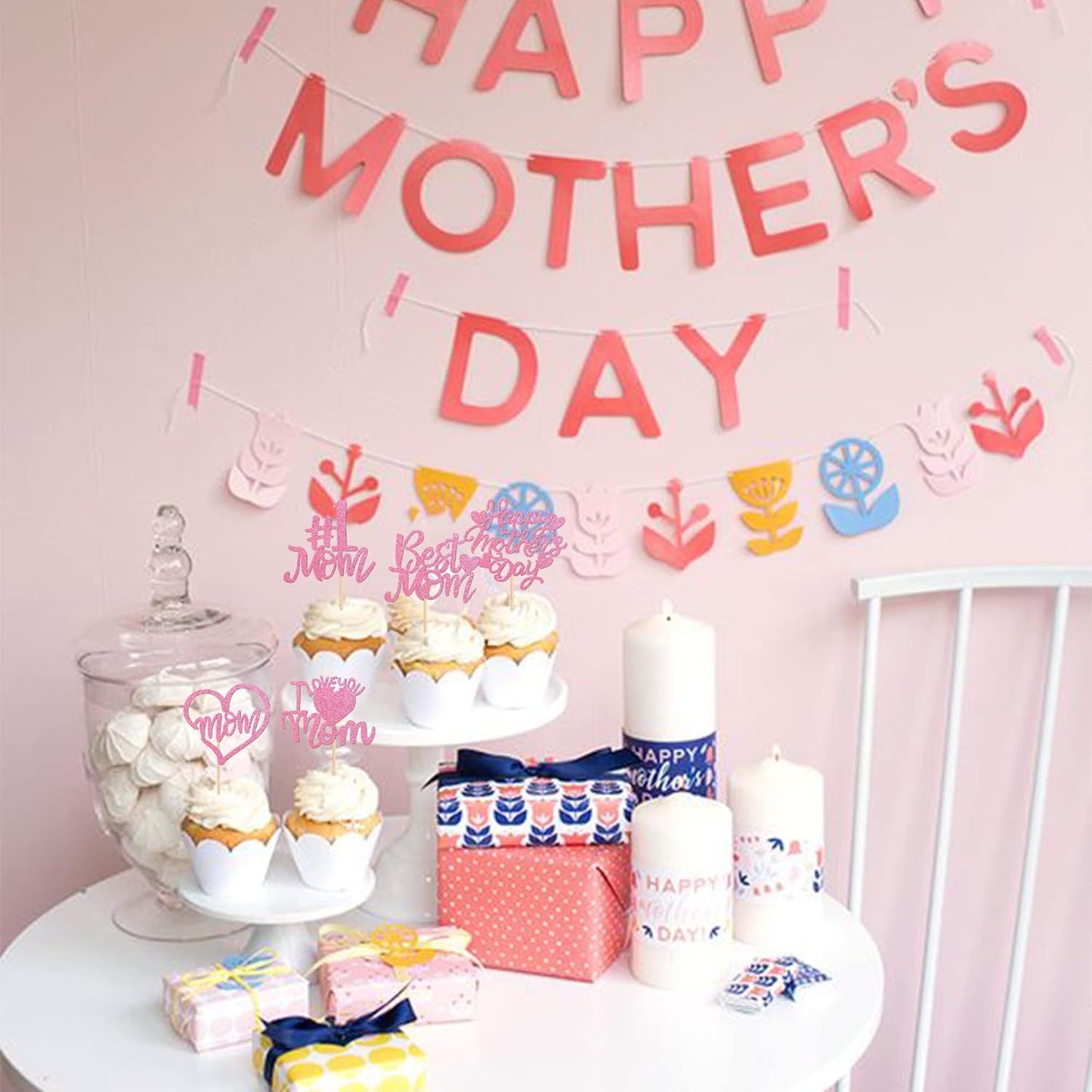 24 PCS Happy Mother's Day Cupcake Toppers with Glitter Heart Love Mother Best Mom Cupcake Picks for Happy Mother's Day Theme Women Birthday Party Cake Decorations Supplies Rose Gold