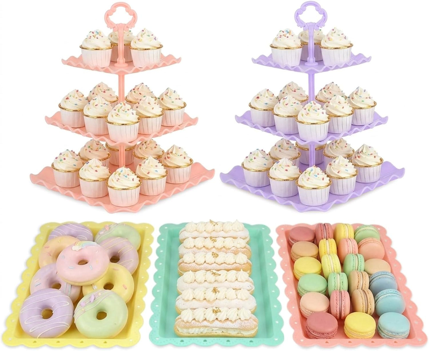 NWK 5 Piece Cake Stand Set with 2 x Large 3-Tier Cupcake Stands, 3 x Appetizer Trays, for Wedding Birthday Baby Shower Tea Party Decorations (White)