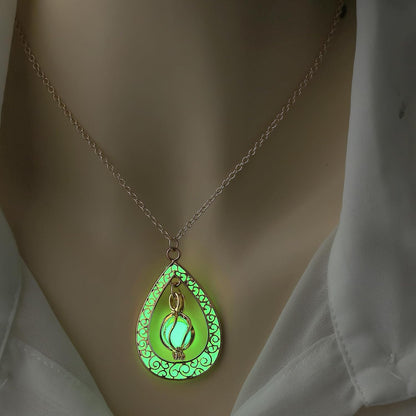 EEQQBZ Glow in The Dark Silver Teardrop shape necklace,Fantasy Glowing Jewelry Charm