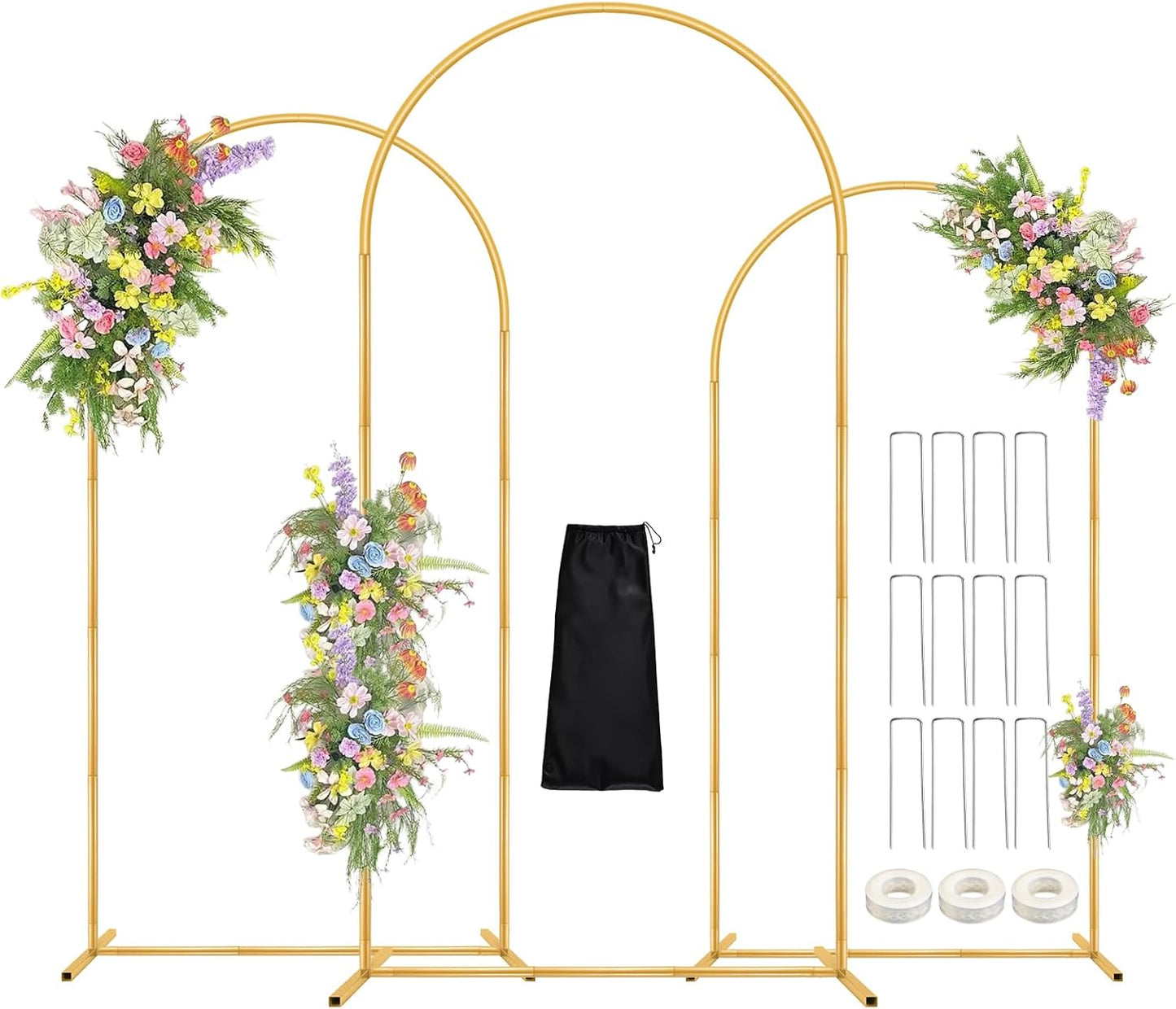 Wedding Arch Backdrop Stand, 6FT, 5FT, 4FT Set of 3 Metal Gold Balloon Arch kit Stand for Ceremony Baby Shower Birthday Bridal Party Event Background Decoration, Garden Climbing Plant Fram