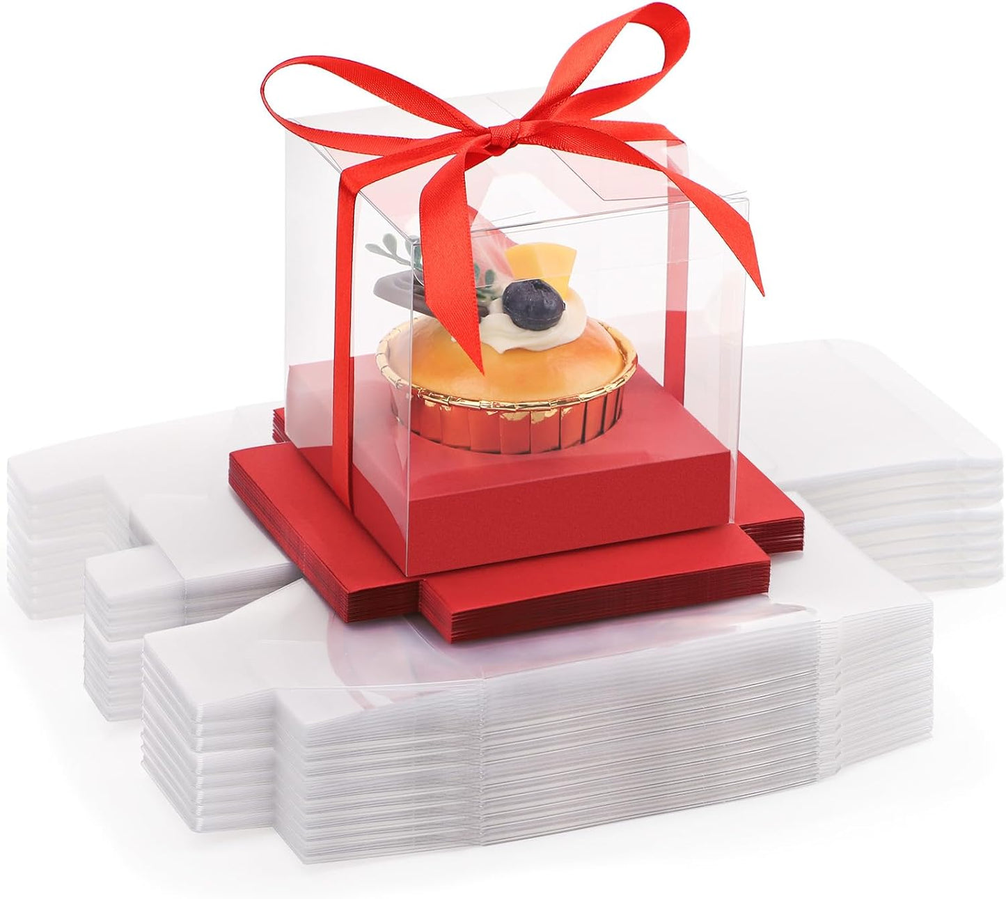 EUSOAR Individual Cupcake Holder, 50pcs 3.5 Inch Plastic Black Cupcake Containers with Lids, Single Transparent Display Clear Cupcake Carrier with Ribbon and Inserts for Wedding Party Favor