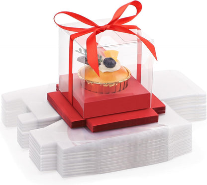 EUSOAR Individual Cupcake Holder, 50pcs 3.5 Inch Plastic Black Cupcake Containers with Lids, Single Transparent Display Clear Cupcake Carrier with Ribbon and Inserts for Wedding Party Favor