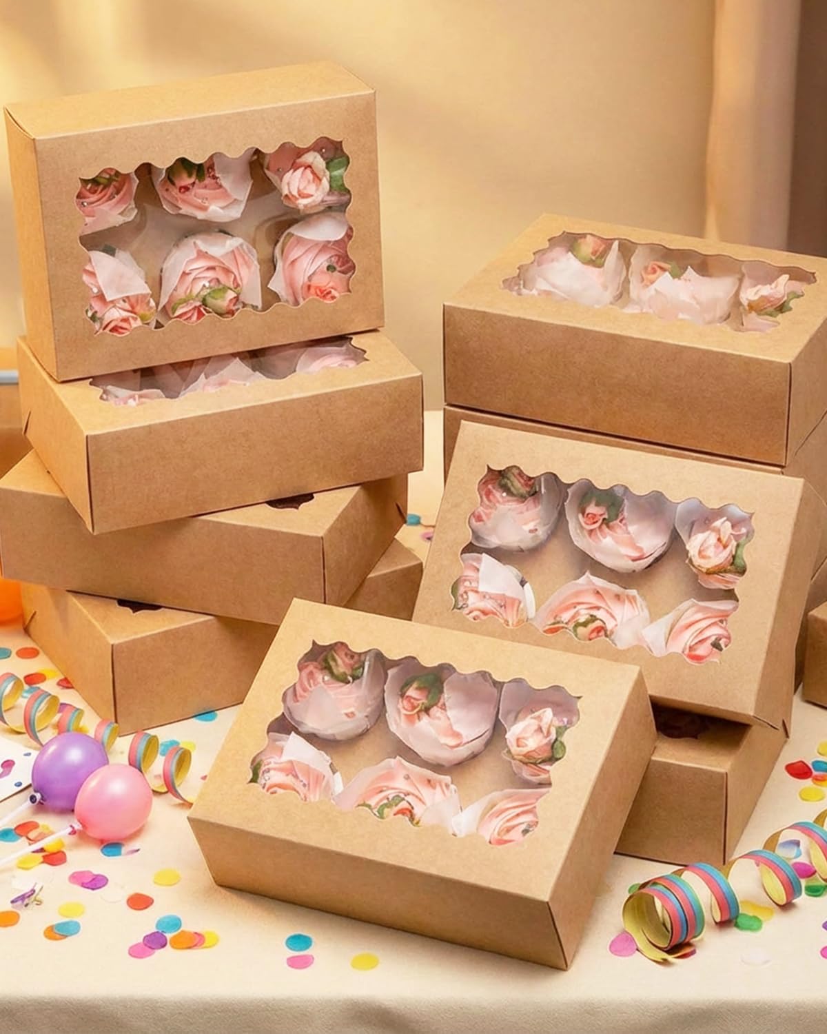 qiqee Auto-pop Up Cupcake Boxes with Window White 40PCS 12 Count Cupcake Box 13"x10"x3.5" Cupcakes Carrier, 12 Cupcake Containers with 2 rolls of pink ribbons