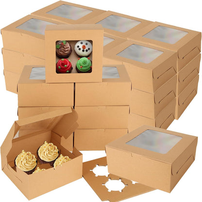 100 PCS Cupcake Boxes 4 Count Cupcake Containers Brown Kraft Paper Cupcake Boxes Treat Boxes with Insert 4 Cavity for Muffins Cookies Cupcakes Macarons Donuts（6x6x3 Inch）