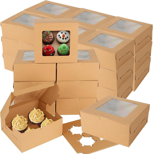 100 PCS Cupcake Boxes 4 Count Cupcake Containers Brown Kraft Paper Cupcake Boxes Treat Boxes with Insert 4 Cavity for Muffins Cookies Cupcakes Macarons Donuts（6x6x3 Inch）
