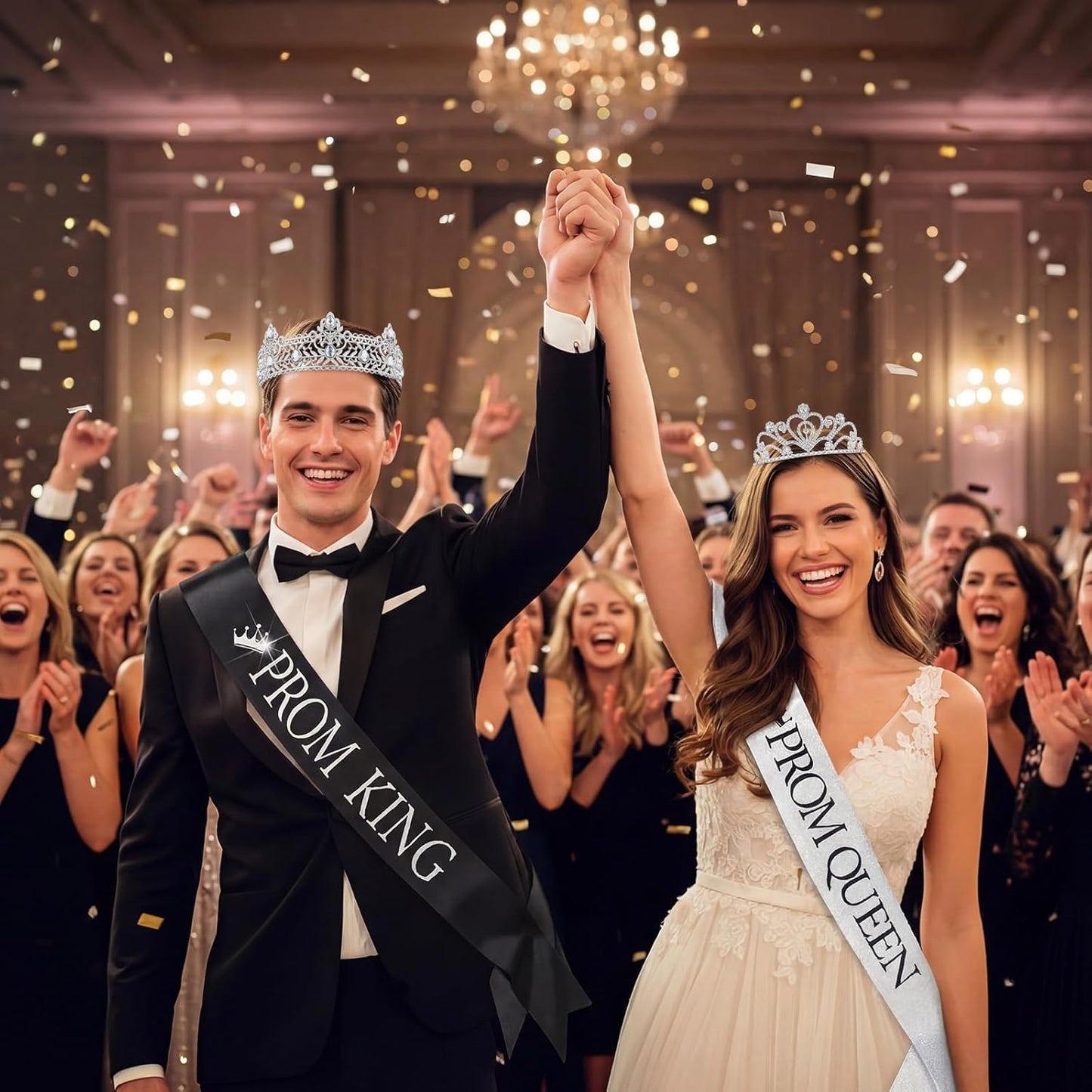 Lyrow 4 Pcs Prom King and Queen Crown Set, Prom King Crown with Sash for Graduation, Queen Tiara with Sash for Grad Couple Accessories Homecoming Birthday Party(Cute,Black,White)