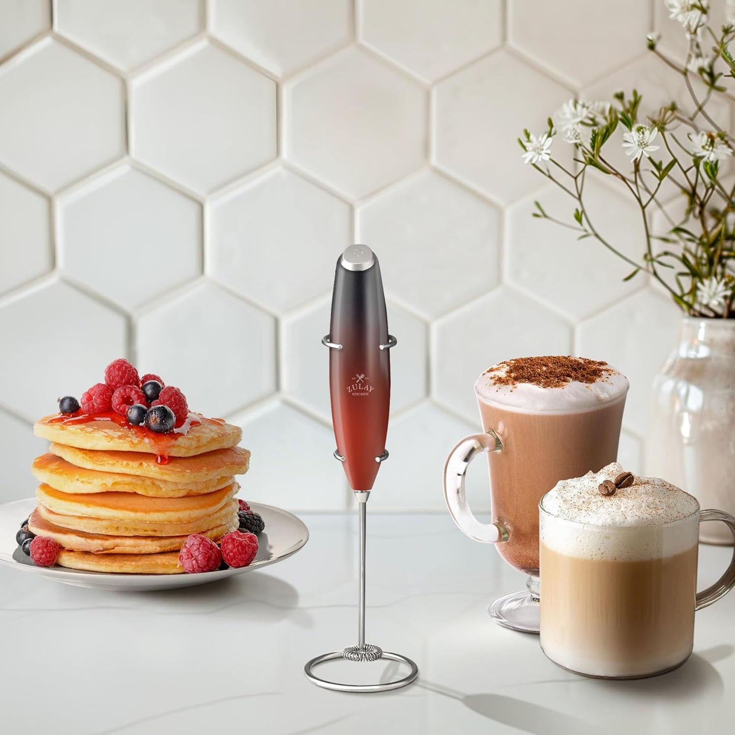 Zulay Kitchen Powerful Milk Frother Wand With Duracell Batteries - Ultra Fast Handheld Drink Mixer - Electric Whisk Foam Maker for Coffee, Lattes, Cappuccino & Matcha - Z1 Motor - Black - Colors A