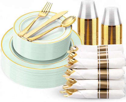 350 Pieces Black and Gold Plastic Plates with Disposable Silverware, Include 50 Dinner Plates 9”, 50 Dessert Plates 6.3”, 50 Black Cups 9 OZ, 50 Pre Rolled Napkins for Wedding Party Graduation