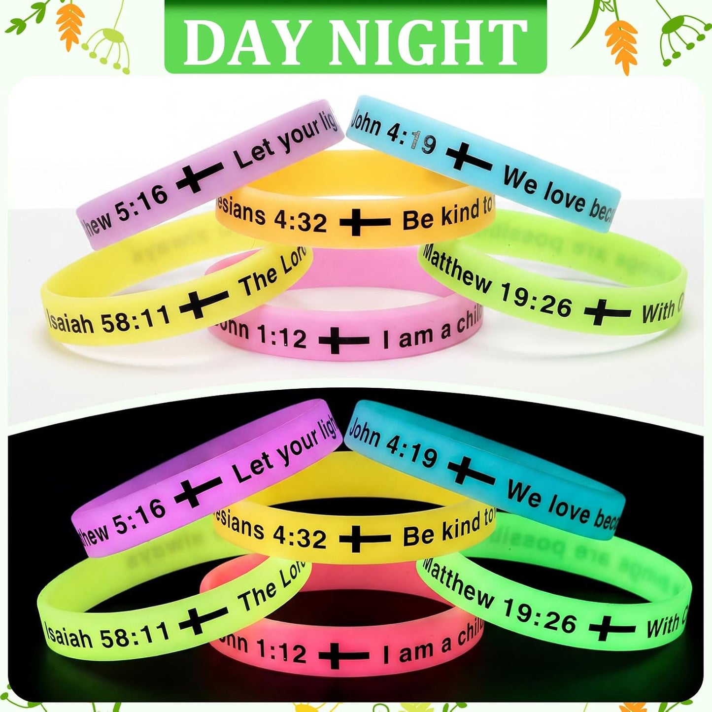 Tondiamo 60 Pcs Vbs 2026 Glow in The Dark 8'' Christian Wristbands Bulk, John 3:16 Bible Verse Luminous Bracelet with Scripture Words Christian Gift for Missionaries Religious Church (Stylish)