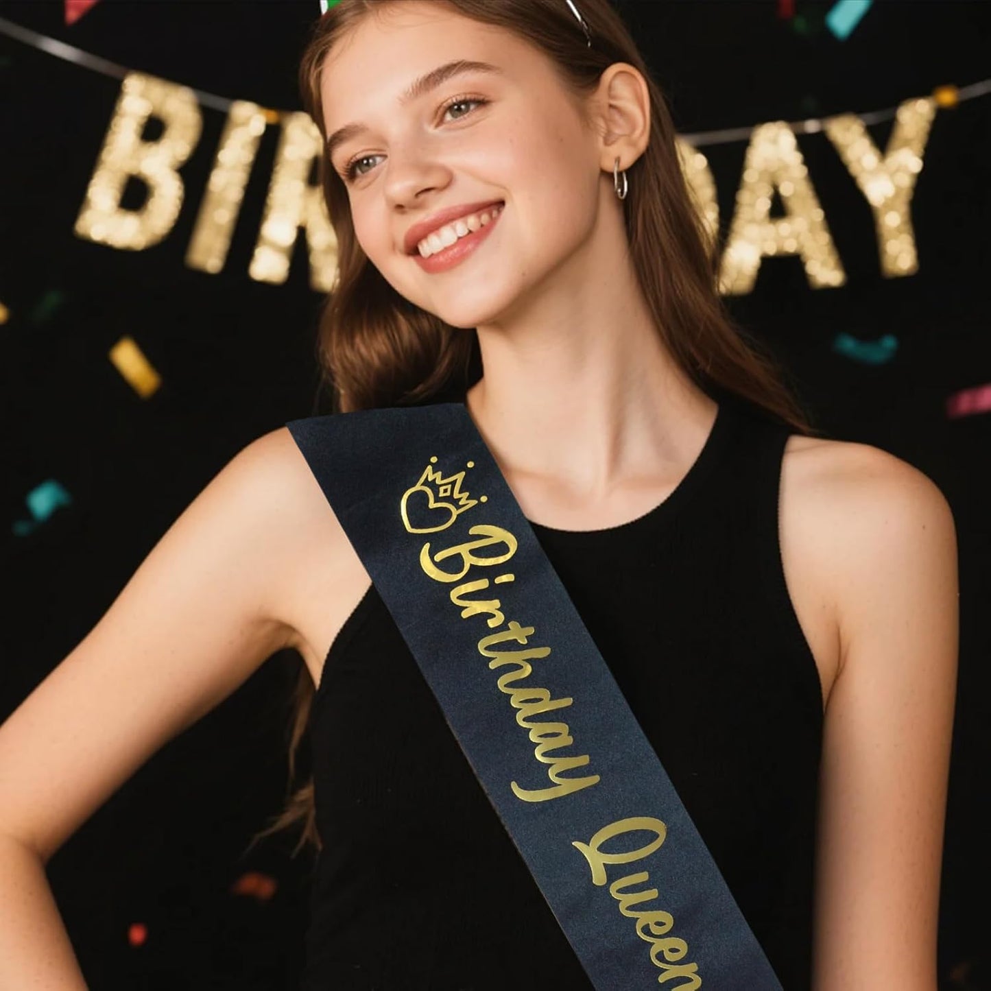 Luwigs Birthday Queen Sash Black Satin with Gold Foli Letter Happy Birthday Sash Gifts for Women and Girls Party Decorations Supplies (Black)