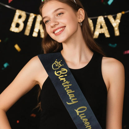 Luwigs Birthday Queen Sash Black Satin with Gold Foli Letter Happy Birthday Sash Gifts for Women and Girls Party Decorations Supplies (Black)
