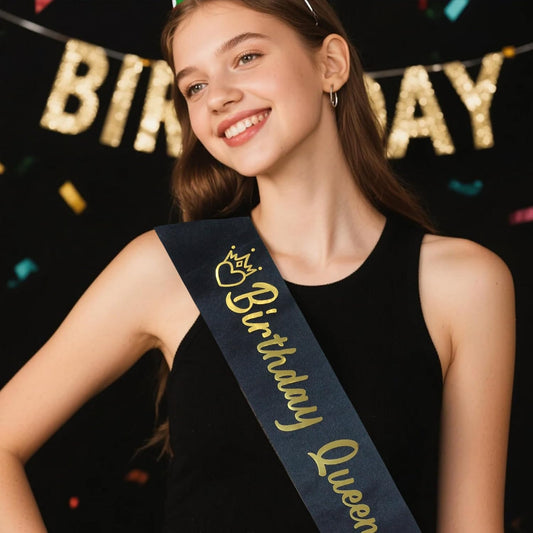 Luwigs Birthday Queen Sash Black Satin with Gold Foli Letter Happy Birthday Sash Gifts for Women and Girls Party Decorations Supplies (Black)