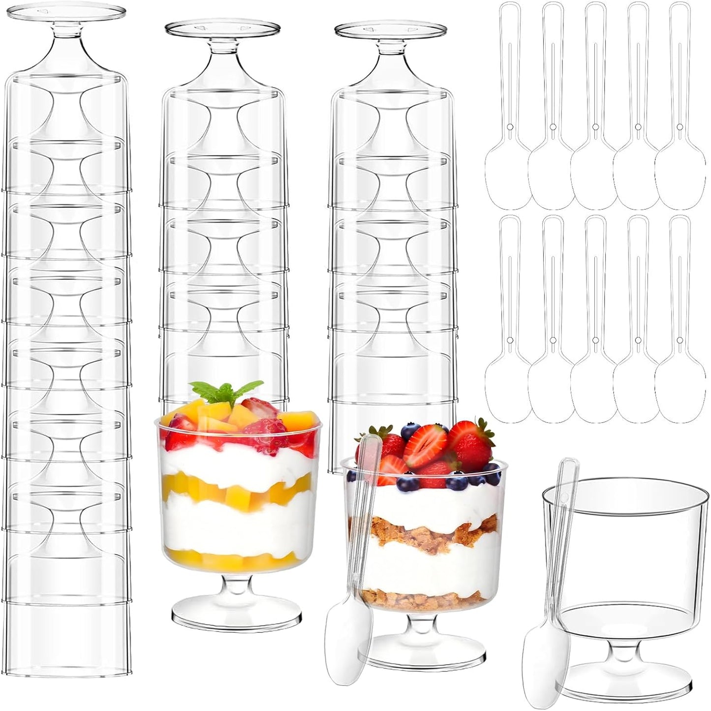 200 Pcs Dessert Cups with Spoons - 5 OZ Mini Clear Plastic Dessert Parfait Cups - Square Shooter Cup Round Goblet for Party Appetizer Fruit Pudding Ice Cream Cake