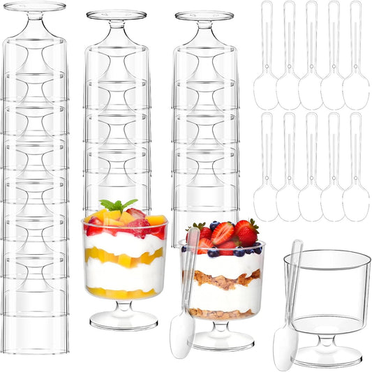 200 Pcs Dessert Cups with Spoons - 5 OZ Mini Clear Plastic Dessert Parfait Cups - Square Shooter Cup Round Goblet for Party Appetizer Fruit Pudding Ice Cream Cake