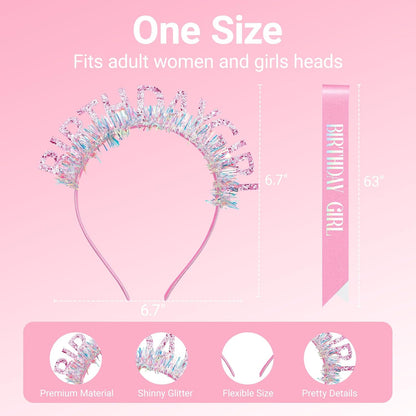 Birthday Headband with Sash for Women, Birthday Crwon Tiara for Decorations