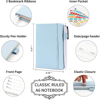 feela 6 Pack Pocket Small Notebooks Bulk, Mini Cute Memo Notepads Hardcover College Ruled Lined Journals with Pen Holder for Women Girls Office School, with 6 Black Pens, 3.5”x 5.5”, A6, Rose Pink