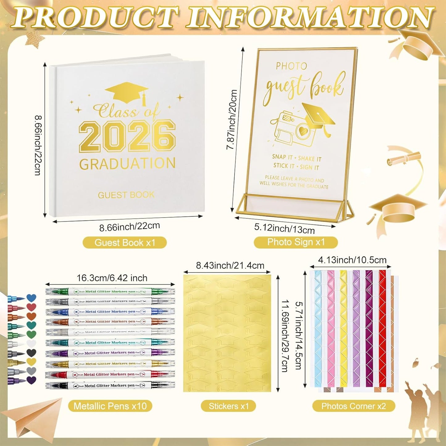 Pajean Graduation Guest Book Set Class of 2026 Memory Scrapbook with Photo Guest Book Sign Dual Tip Pens Photo Corner Stickers Grad Cap Stickers for Grad Party Decorations Supplies Gifts (Black)