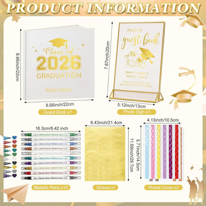 Pajean Graduation Guest Book Set Class of 2026 Memory Scrapbook with Photo Guest Book Sign Dual Tip Pens Photo Corner Stickers Grad Cap Stickers for Grad Party Decorations Supplies Gifts (Black)