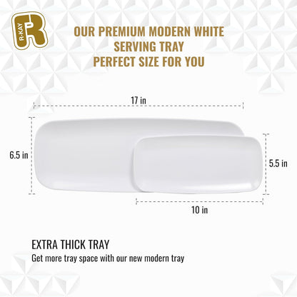 R-kay 4 Pack White Plastic Serving Trays for Party - White Serving Tray 17 by 6.5 in - Rectangular Heavy Duty Dessert Trays for Food