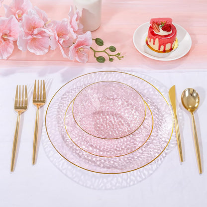 I00000 30 Pack 12 Ounce Pink Plastic Bowls Hammered Clear Bowl with Gold Rimmed, Heavy Duty Disposable Bowl Set,Elegant Salad/Dessert/Ice Cream Small Bowls for Party Weddings