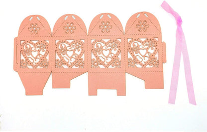 KPOSIYA 100 Pack Love Heart Laser Cut Wedding Party Favor Box Candy Bag Chocolate Gift Boxes Bridal Birthday Shower Bomboniere with Ribbons