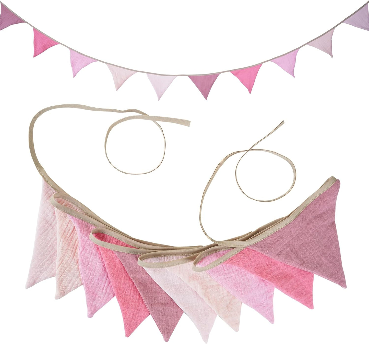 Fabric Bunting Banner, 2 Pack Handmade Neutral String Banner Each 8.5 ft 10 Flags Nursery Wall Hanging Wedding Birthday Home Baby Shower Party Decoration Bunting (Pink Candy)