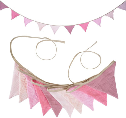 Fabric Bunting Banner, 2 Pack Handmade Neutral String Banner Each 8.5 ft 10 Flags Nursery Wall Hanging Wedding Birthday Home Baby Shower Party Decoration Bunting (Pink Candy)