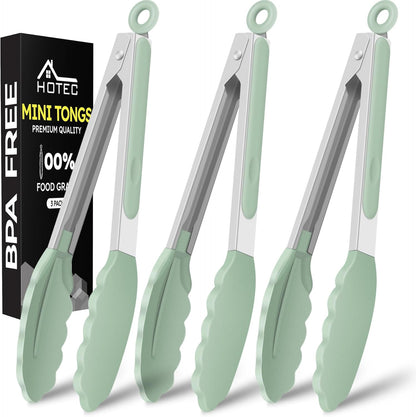 Hotec Mini Silicone Kitchen Tongs for Cooking - 7-Inch Small Serving Tongs with Silicone Tips, Set of 3 (Blue)