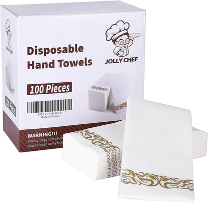 JOLLY CHEF 100 Disposable Hand Towels, Soft and Absorbent Linen Feel Dinner Napkin, Elegant Decorative Paper Guest Towels for Kitchen, Bathroom,Thanksgiving, Weddings,Parties, Gold and White