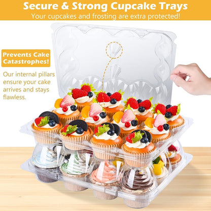 Plastic Cupcake Containers 12 Count (12 Sets), Stackable Cupcake Boxes Holders with Tall Dome Lid, Disposable Cupcake Carrier Trays Include 150 Cupcake Liners