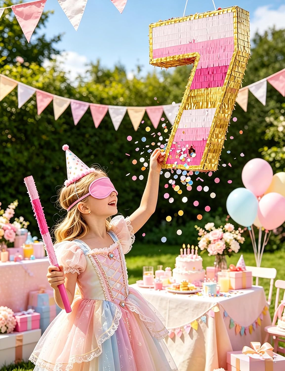 Number 5 Piñata with Stick, Blindfold & Confetti-Pink Piñata for Birthday Parties, Complete Party Game Set for Kids Girls-Gradient Pink Birthday Decor with Fillable Design(Small, 16.5 x 11.5 x 3 In)