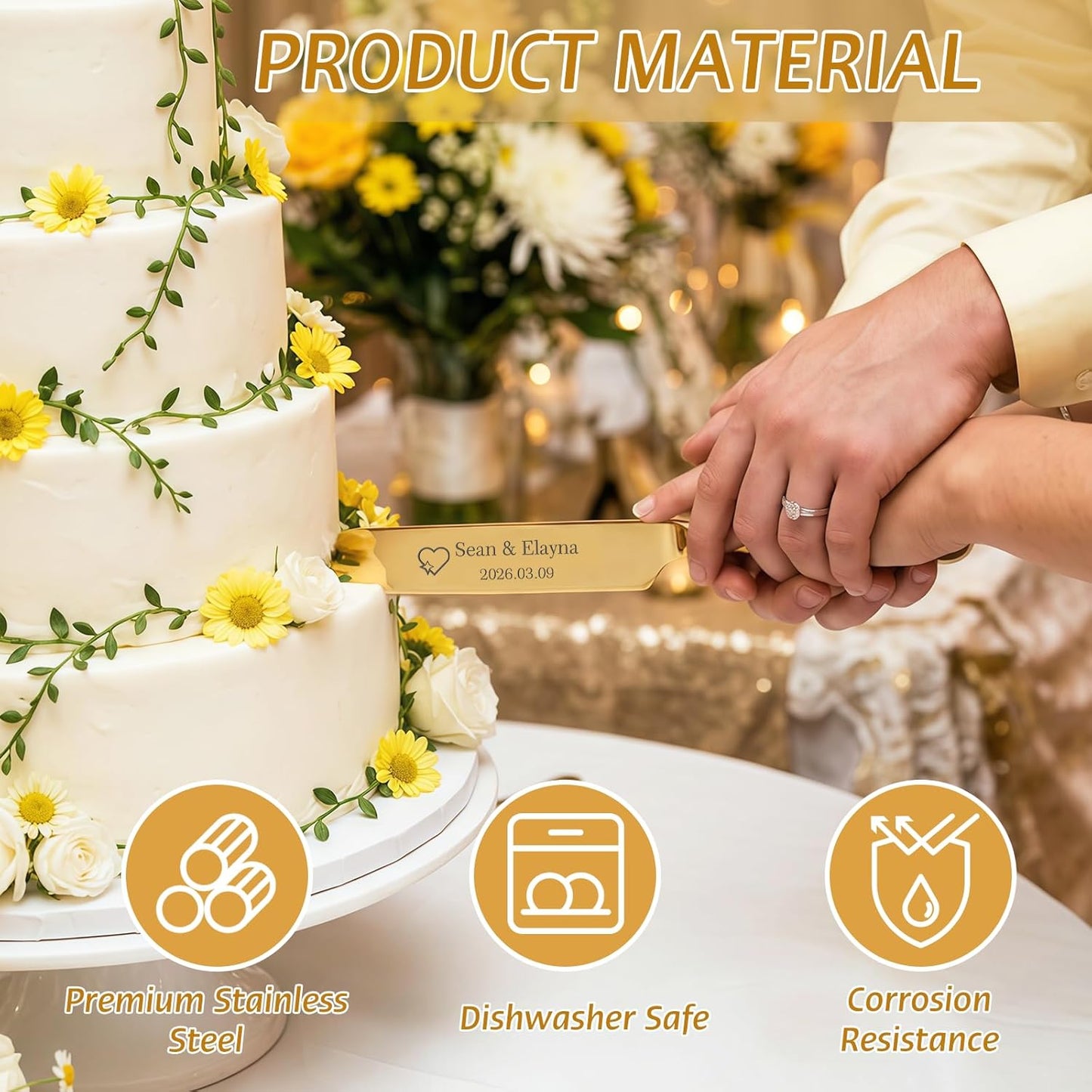 Custom Wedding Cake Cutting Set, Engraved Knife & Server with Names, Ideal Wedding Gift for Couples Bridal Showers Anniversaries (Gold)