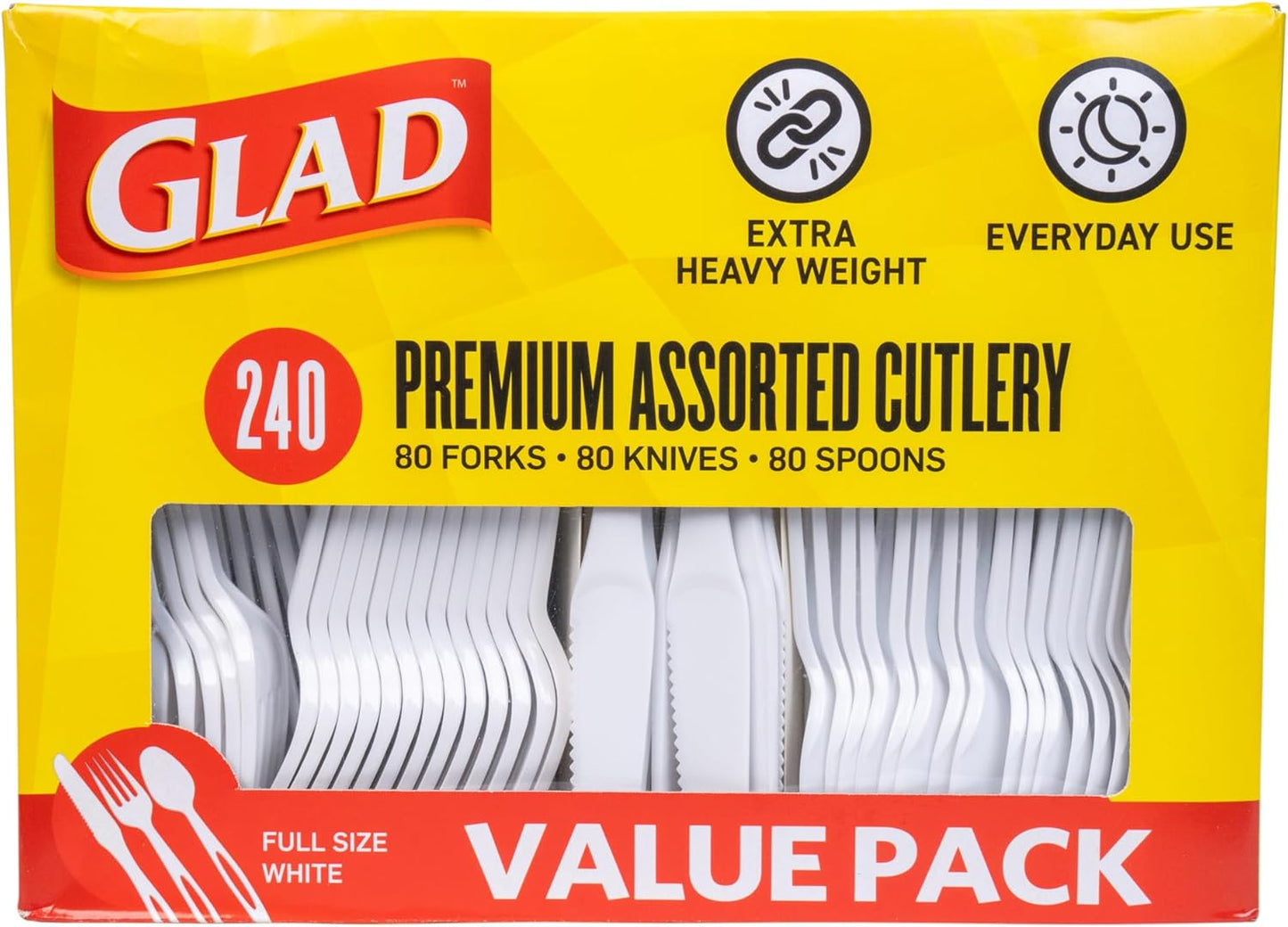 Glad Clear Disposable Cutlery Set with Heavy Duty Plastic Forks, Knives, and Spoons, Reusable Dishwasher Safe Plastic Utensils for Parties and Everyday Use, 240 Count