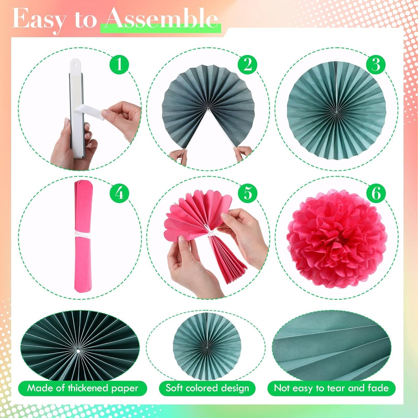 Kosiz 18 Pcs Pastel Rainbow Party Decorations Pastel Paper Fans 3D Floral Tissue Pom Poms Pink Hanging Paper Flowers Garland Classroom Home Wall Decor Birthday Baby Shower Bridal Wedding Supplies