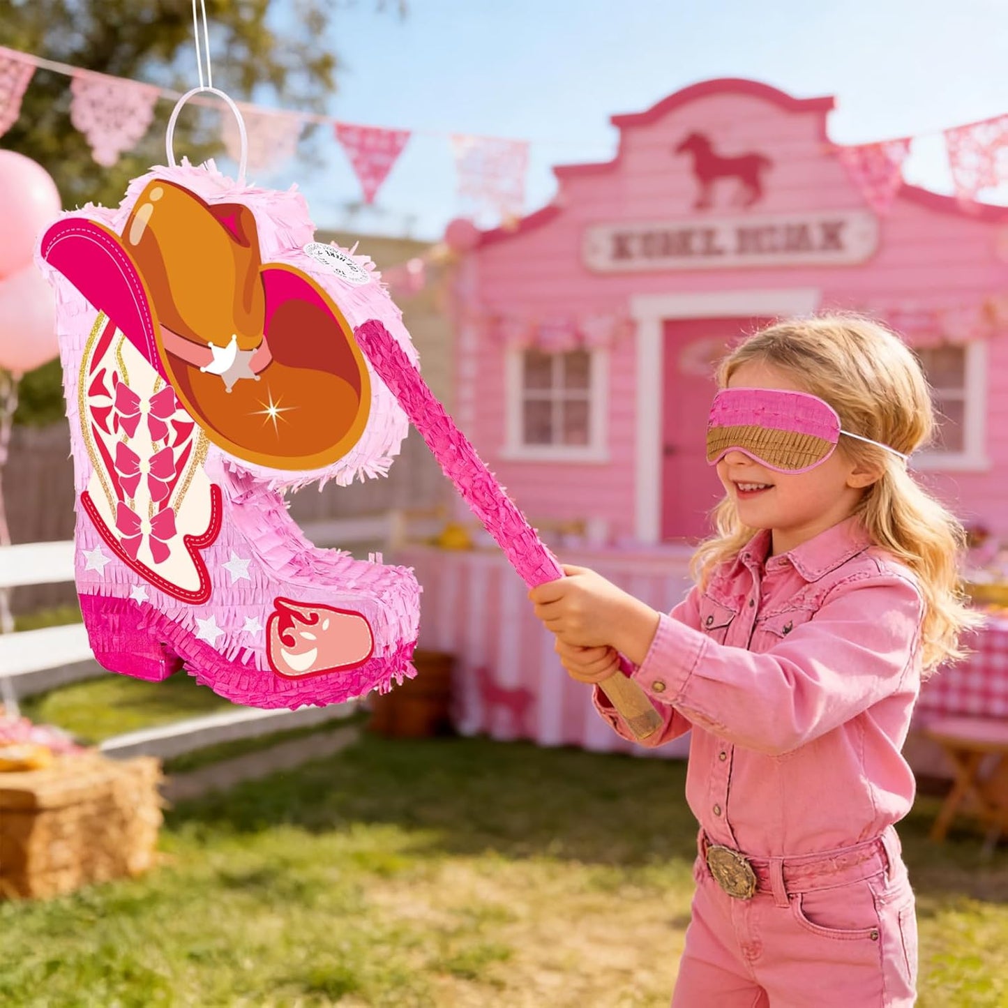 Pink Cowgirl Boot Piñata Set with Bat and Blindfold, 15.7 x 11 in Western Cowgirl Birthday Party Decorations, Girls Theme Party Piñata for Candy & Treats