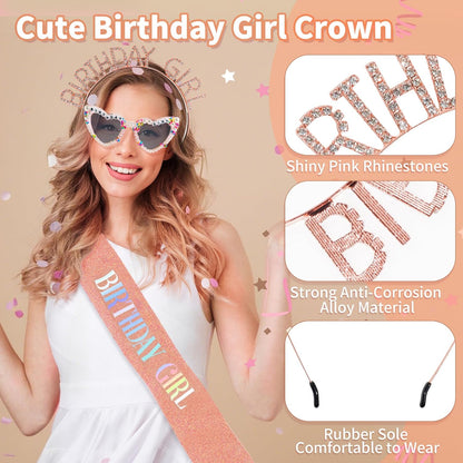 3Pcs Birthday Girl Sash Headband Set-Birthday Sash Tiara and Crown Sunglasses for Girls Women