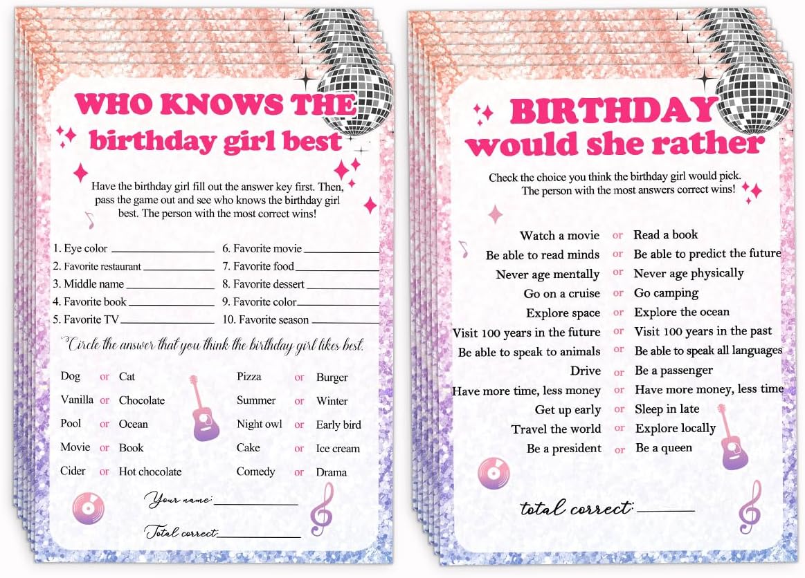 Birthday Party Cards for Girl, Birthday Games Card, Would She Rather Game Cards Set, Birthday Supplies Activity Decorations for Adult Girl, Set of 30 Game Cads