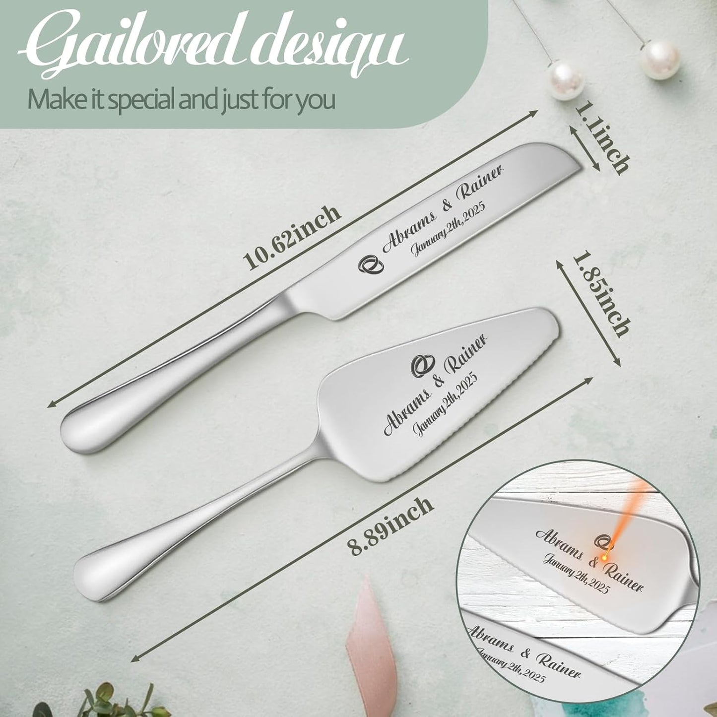 HJX Personalized Wedding Cake Knife and Server Set with Champagne Flutes, Custom Name Text Toasting Glasses for Bride and Groom, Cake Cutting Set Ideal Wedding Engagement Bridal Shower Gift