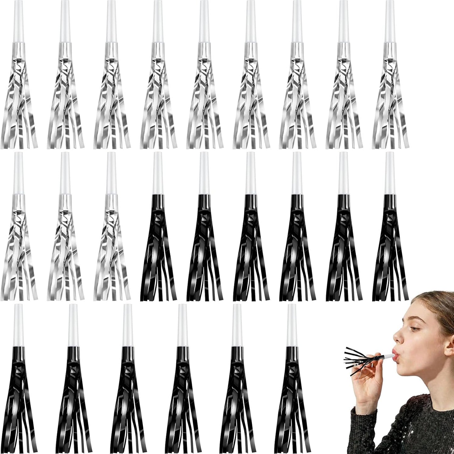 Sumind 24 Pcs Gold Noise Makers Metallic Fringed Party Blowers Horns Whistles Noisemakers Party Favors for Adults Birthday Graduation Sporting Events Celebration Surprise Supplies