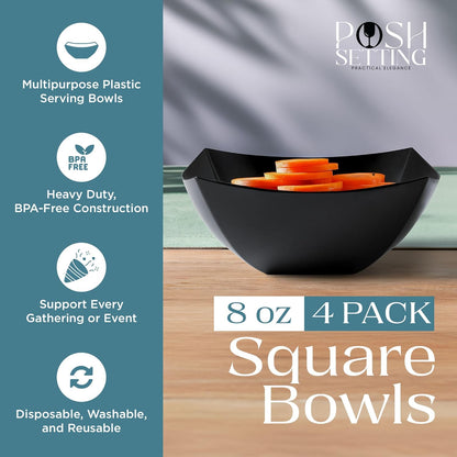 Posh Setting - Clear Plastic Serving Bowls for Party (8oz - 4 Pack) Square, Disposable, Salad & Fruit Bowls for Party Table, Candy Containers for Candy Buffet