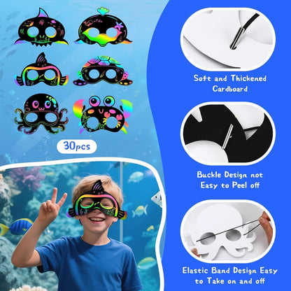 AUGSUN 30PCS Ocean Crafts, Colorful Ocean Animals Scratch Masks DIY Under The Sea Scratch Off Cards Magic Rainbow Scratch Art Summer Party Favors School Activities